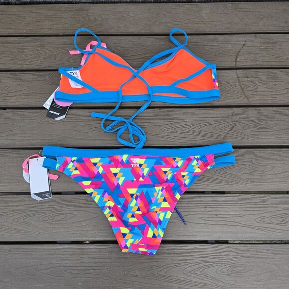 TYR Womens Durafast Le Reve  Blue/neon Tieback Top Workout Bikini Size M NEW - Picture 3 of 4